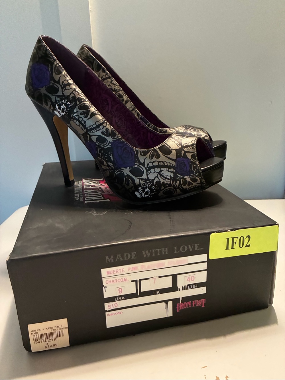 Iron Fist charcoal and purple Muerte Punk peep-toe heels